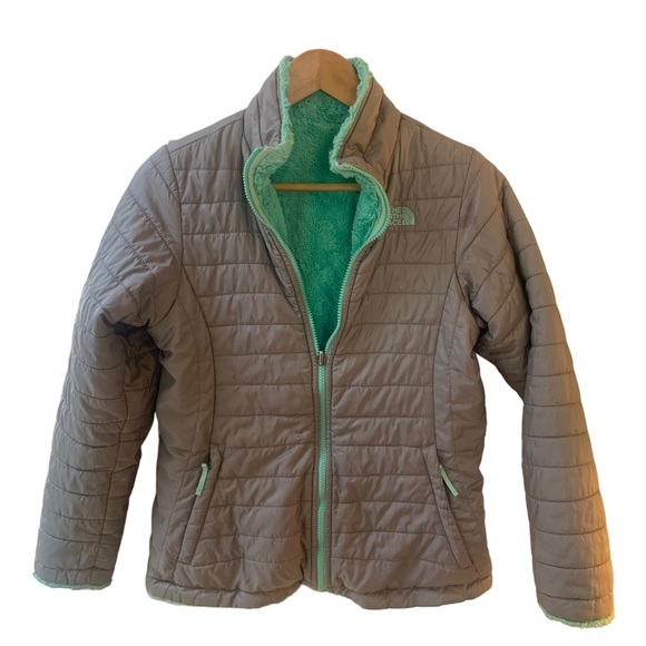 NORTH FACE Girl's.Mossbud Reversible Jacket Mint Green Fleece Gray Puffer XL 18 - Picture 1 of 12